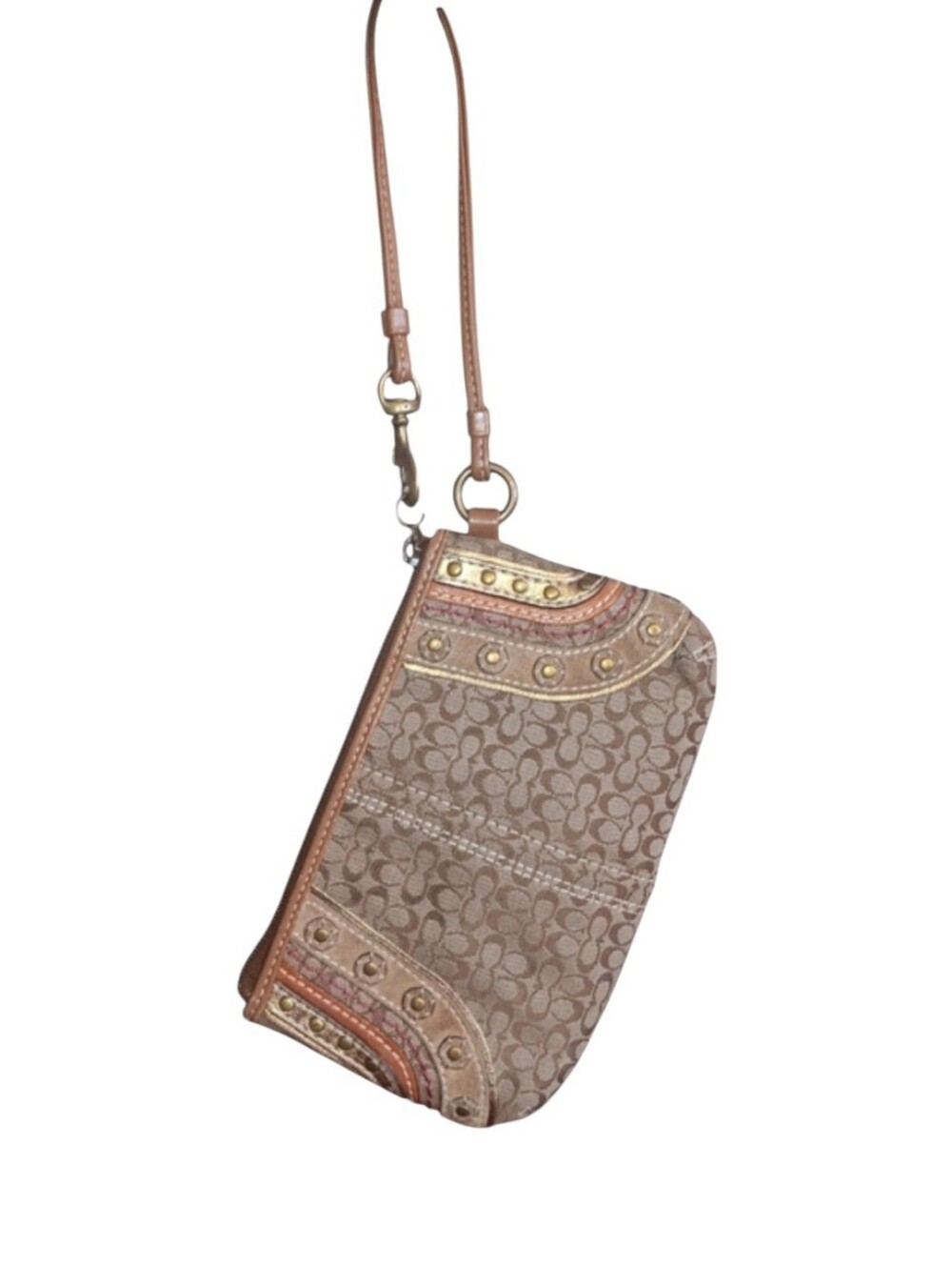 #105 Coach Brown Signature Canvas Wristlet with Gold Stud Accents